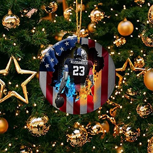 WOWCUGI קישוטי כדורגל מותאמים אישית לעץ חג המולד מספר שם מותאם אישית מספר ספורט דגל אמריקאי קישוט
