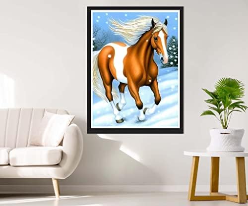 ערכות צביעת יהלומים של RovePic 5D סוס חורפי סוס עגול מקדחה מלאה, צבע DIY עם יהלומים אמנות עץ שלג חיה גביש