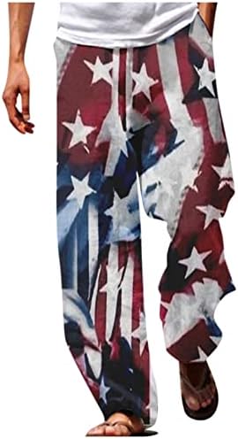 מכנסי פשתן מזדמנים של גברים יום עצמאות אמריקאית יום 3D מודפסים רגליים ישרות מותניים אלסטיים מותניים