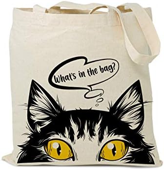 תיק כותנה מתנה לשימוש חוזר עם חתול-מה יש בתיק, תיק מכולת, תיק קניות מכולת לשימוש חוזר עם הדפס חתול, תיק בד רעיון