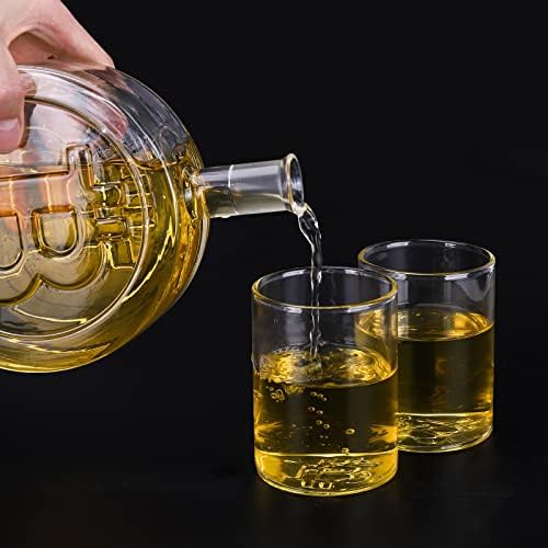 ערכות קנקן וויסקי עם כוסות, צורת ביטקוין 28.7 עוז עם 2 כוסות 8.4 עוז, מתקן משקאות חריפים לבר