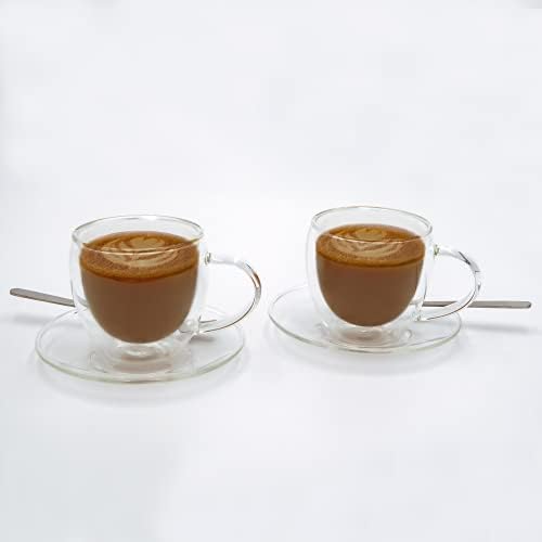 TARVER - כוס כוס קפה/תה מבודד כפול קפה עם צלוחית וכף 5 פל ', ברור
