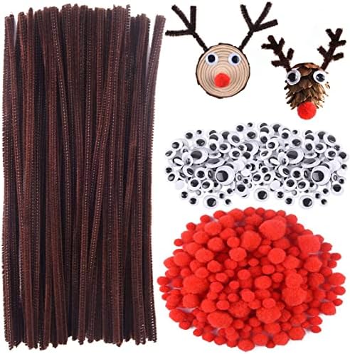 סט מלאכה של איילים לחג המולד של chedoyal, חומרי ניקוי צינורות חומים גבעולי פום אדום פום אדום ועיניים