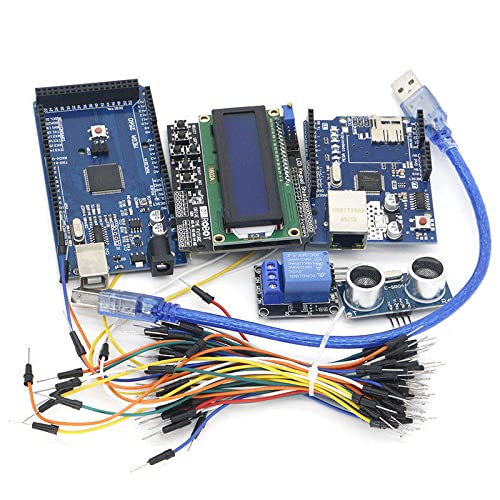 מגה 2560 R3 לערכת Arduino + HC-SR04 + כבל קרש לחם + מודול ממסר + W5100 UNO SHIELD + LCD 1602 מגן לוח מקשים