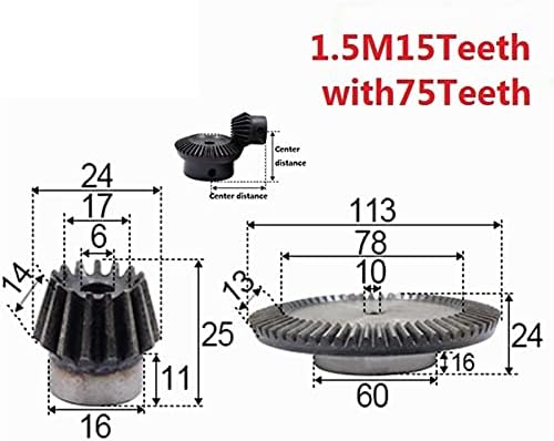 2 יחידות 1: 5 פוע הילוך 1.5 מודולוס 15 שיניים חור 6 ממ + 75 ט פנימי חור 10 ממ 90 תואר כונן החלפת פלדה