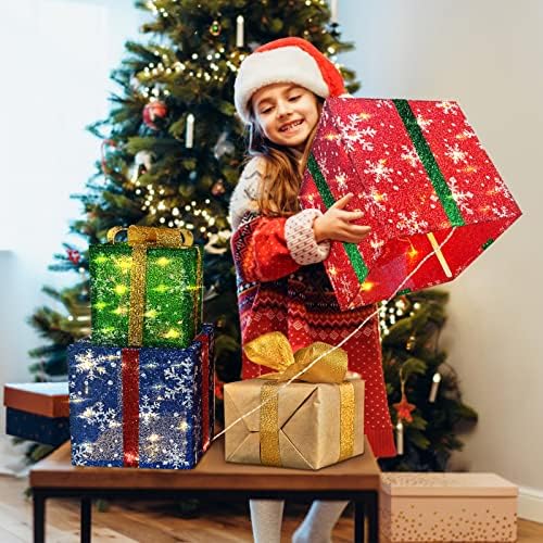 קישוטים לחג המולד קופסאות מתנה מוארות, סט של 3 קופסאות מתנה מוארות קישוט לחג המולד, 60 מואר 60 LED