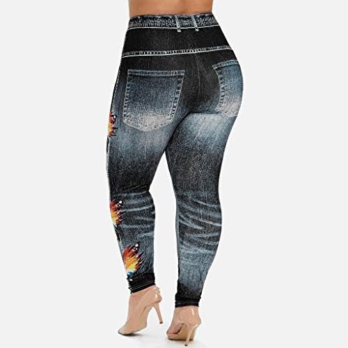 ג'ינס דפוסים דפוסים רכים לנשים ג'ינס מזויף במותניים גבוהות עם כיסים, מכנסי יוגה מותניים גבוהים