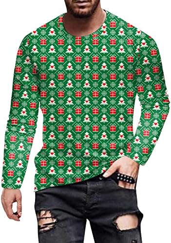 Wybaxz Mens אופנה כותנה מזדמנת עץ ירוק חג המולד מודפס שרוול קצר חולצה חולצת שרוול ארוך חולצות טרנדי