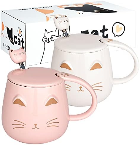 ספלי חתולים של דונגשיפט סט של 2 כוס תה חתול חמוד סט קפה קרמיקה קפה עם מכסה וספלים חמודים לספלים חמודים
