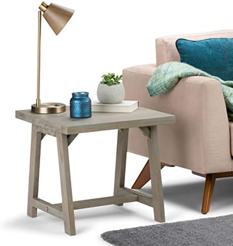 שולחן צד קצה תעשייתי מודרני מרובע מעץ מלא בגודל 22 אינץ ' באפור במצוקה, לסלון ולחדר השינה