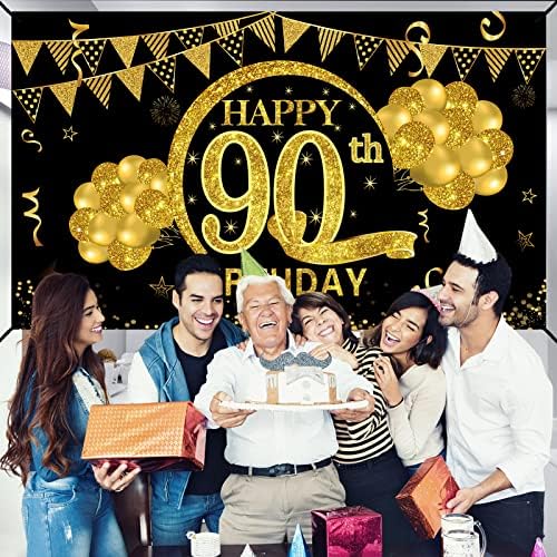 קישוטי כרזות ליום הולדת 90 לגברים נשים, זהב שחור שמחה שמחה בת 90 יום הולדת ליום הולדת ציוד למסיבות