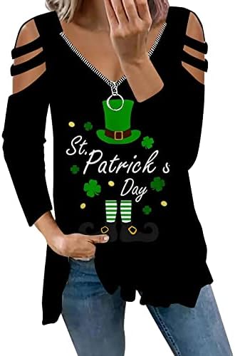 חולצות יום פטריק של סנט פטריק לנשים סקסיות צווארון v גזרת רוכסן מכתף כתף שרוול ארוך מכתב ירוק חולצת