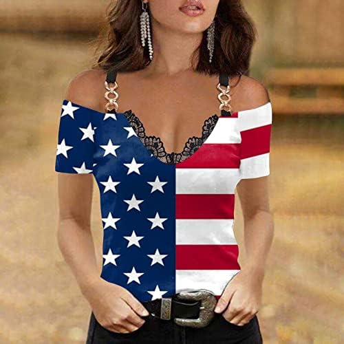 חולצות 4 ביולי לנשים תחרה נ 'צוואר כתף קרה צמרות פטריוטיות שרוול מזדמן פטריוטי חולצות טיס דגל אמריקאי