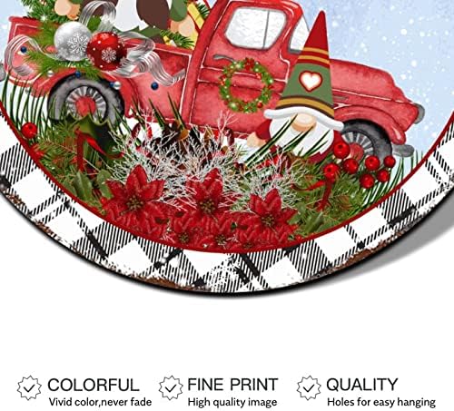 שלט חג מולד שמח משאית אדומה עם דפוס משובץ גנום עיצוב עגול מתכת פח קישוטי קיר לחג המולד מקורה