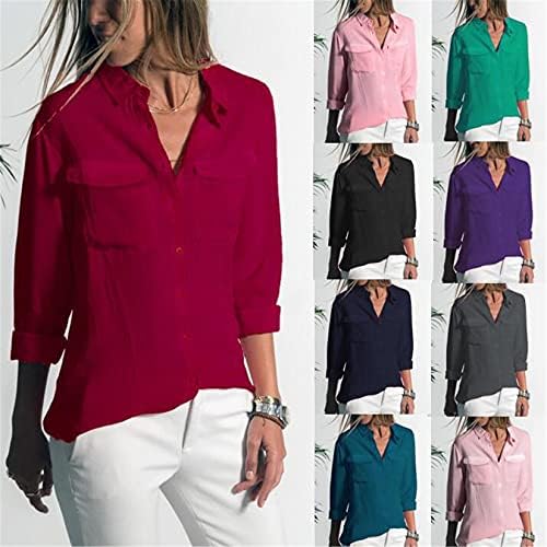 Andongnywell צבע אחיד דש מזדמן חולצת שרוול ארוך חולצת כיס ללבוש נשים ללבוש צמרות צבעוניות קיץ