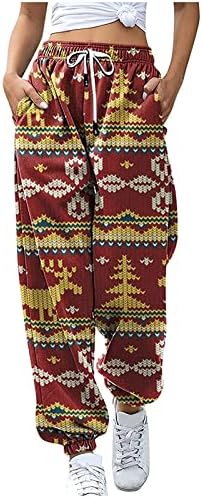 מכנסי טרנינג של Foviguo נשים פנאי חג המולד מודפס בוהו מותניים גבוהים משיכת מכנסי יוגה רופפים רץ