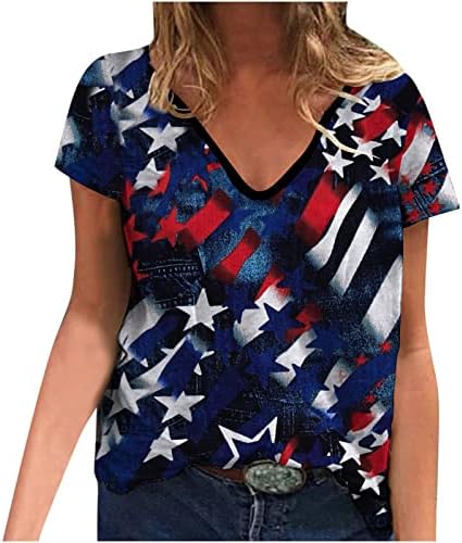 חולצות שרוול קצר לנשים VNECK SCOOP SCOOP עצמאות יום עצמאות דגל כוכב חולצות מזדמן גרפי חולצות נערות נערות