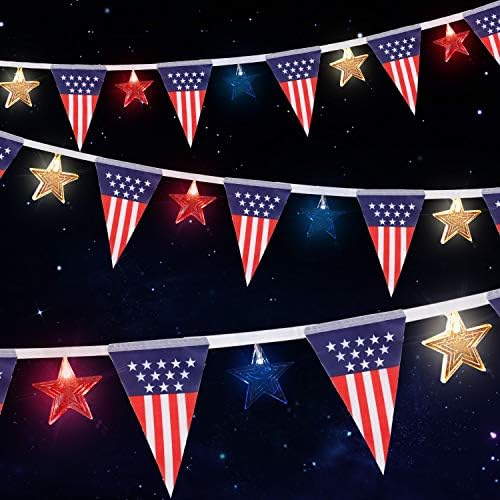 קישוט יום העצמאות של פרנדה אורות כוכבים לבנים כחולים אדומים, 13.5 רגל 12 הוביל אורות פטריוטיים ודגל אמריקאי