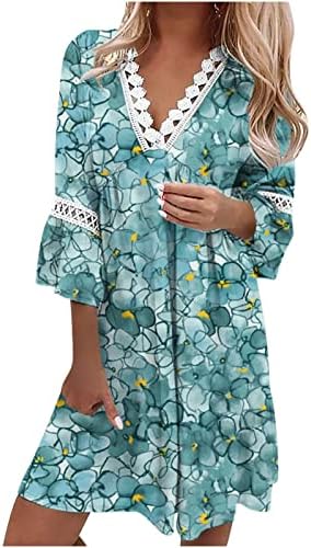 שמלת חוף של נשים פרגניות, טמפרמנט אופנה לנשים אלגנטיות מודפסות צווארון v 3/4 שרוולים שמלת מיני