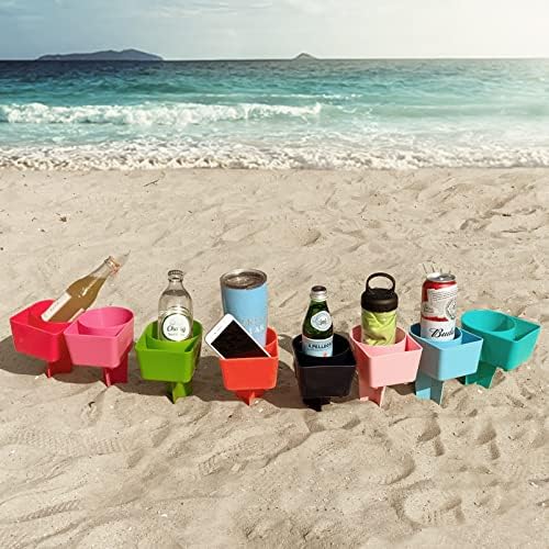 מלכת הבית מחזיק כוס חוף ניידת עם כיס, כוסות רכבת חול למשקאות, טלפון, ארנק, אביזרי חוף לחופשה, 8 חבילות