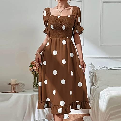 נשים מקרית קיץ שמלות קצר שרוול כיכר צוואר ראפלס שמלת נקודות הדפסת אלסטי קפלי קו מקסי ארוך שמלה