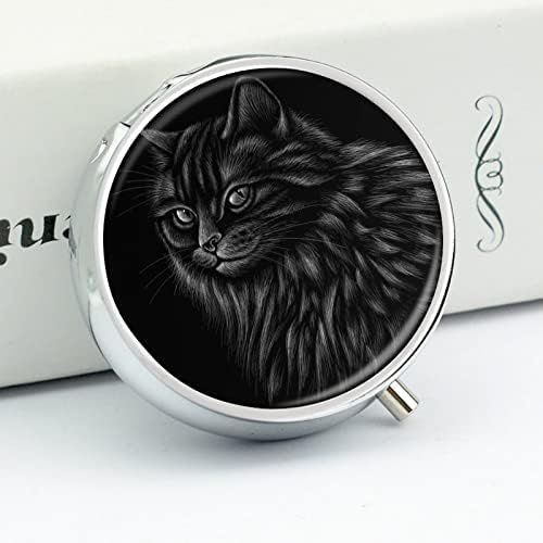 מתקן גלולת שחור חתול ציור גלולת תיבת נייד מתכת גלולת מקרה עבור גלולות / ויטמין / תוספי / דגי שמן 5 סנטימטר