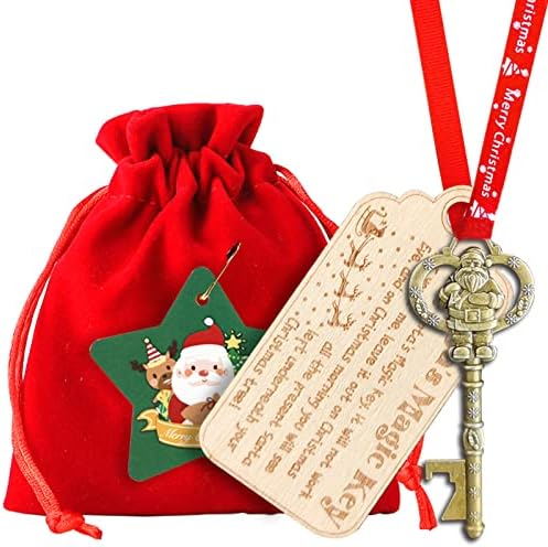 חג המולד סנטה מפתח קישוט, סנטה קסם מפתח עבור לא ארובה בתים, סנטה מפתח עם עץ חקוק עץ תג ואדום תיק וסרט, בציר סנטה