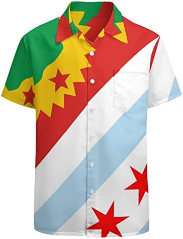 אורומו שחרור קדמי שיקגו דגל גברים של הוואי חולצה קצר שרוול כיס דק בכושר כפתור למטה למעלה מצחיק