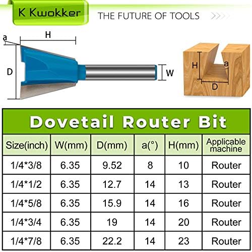 K Kwokker Dovetail Router Bit 1/4 Shank, Jigail Dovetail לנתב, 1/2 3/4 3/8 5/8 7/8 כלי חותך טחינה מעץ לבניית