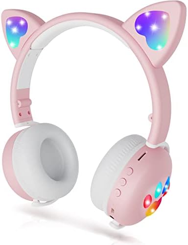 אוזניות של Yuanj Kids, אוזניות Bluetooth לילדים 5.2 עם אוזני חתול LED בני נוער מתכווננים מתכווננים על אוזניות