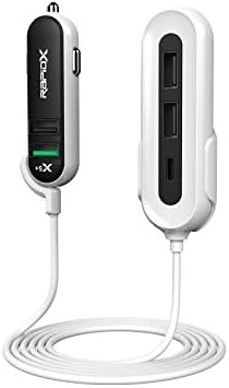 Rapidx X5 פלוס מטען לרכב 5 יציאות USB QC 3.0/סוג C שחור על לבן