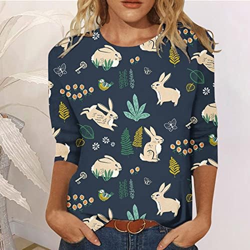 חולצת ארנב פסחא לנשים 3/4 חולצות שרוול לנשים חולצות הדפס חמודות צוואר עגול חולצות טי רופפות