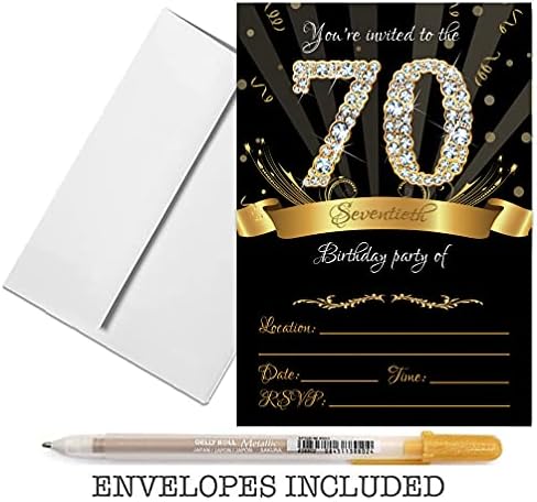 הזמנות למסיבת יום הולדת 70 5 על 7 שחור & מגבר; כרטיסי זהב עם מעטפות ועט מתכתי זהב