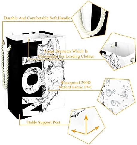 סל כביסה עם ידיות עמיד למים מתקפל סל כביסה עבור אחסון פחי ילדים חדר בית ארגונית זאב דיוקן שחור ולבן הדפסה,