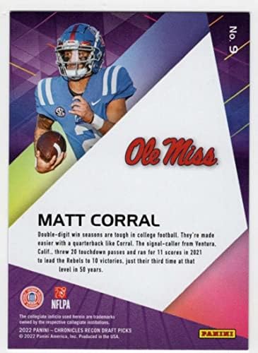 Matt Corral RC SSP 2022 Chronicles Draft /6 Recon Green Ice Fotl 9 Panthers Rookie NM+ -MT+ כדורגל NFL