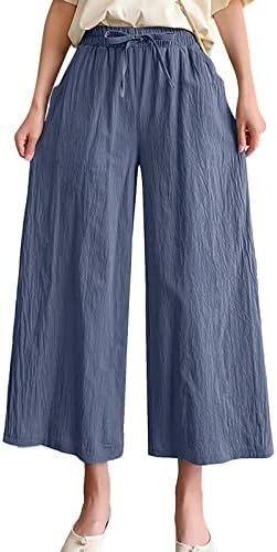 2023 מכנסי כותנה פשתן לנשים קיץ מכנסיים לרגל רחבה מכנסי יוגה מכנסי יוגה מזדמנים מכנסי מותניים אלסטיים