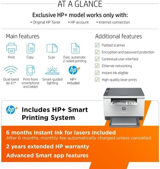 HP Laserjet MFP M235DWE מדפסת אלחוטית All-in-One ו- 6 חודשים מחסניות בחינם, W/כבל מדפסת סילמרילס