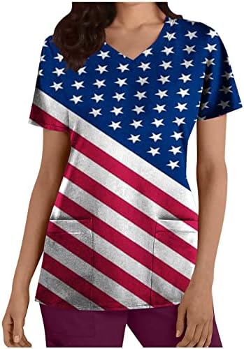 צמרות יום העצמאות לנשים דגל אמריקה לבוש אחידה אחידה אחידה חולצת חולצות שרוול קצר בצוואר עם כיסים