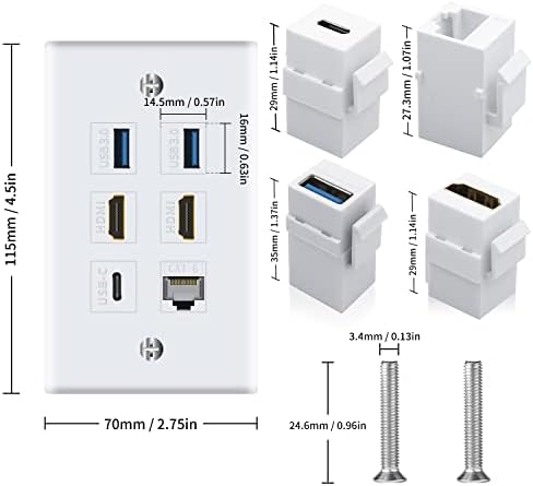 צלחת קיר שקע של פוייקקוט עבור HDMI Ethernet ו- USB 3.0 ו- USB C, 6PORT 2X HDMI HDTV + 2x USB 3.0 + 1X CAT6 RJ45