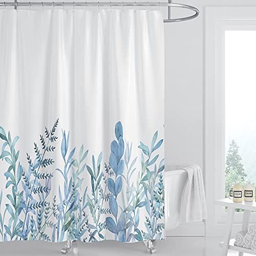 וילונות מקלחת פרחים כחולים לחדר אמבטיה, וילון מקלחת עלים בצבעי מים, וילון מקלחת קפיץ אקליפטוס עם 12