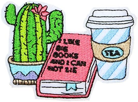 Jpt - קפה זמן תה יום מזדמן ספרים קקטוס מצויר חמוד קריקטורה רקומה אפליקציות ברזל/תפור על טלאים תג לוגו חמוד