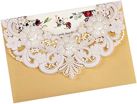 דוריס בית 50 יחידות זהב ריק לייזר חתוך כרטיסי הזמנה לתחרה פלורה עם מעטפות להזמנות לחתונה, מקלחת כלות,