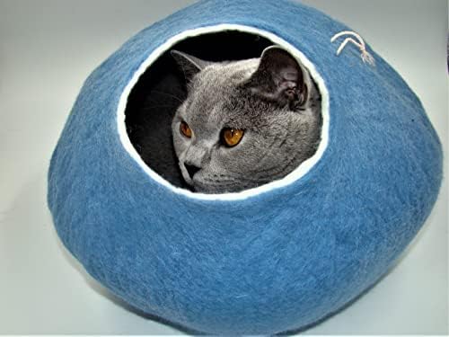 מערת חתול קיוויקיס, בית, מיטה, תנומה, פקעת בעבודת יד מצמר כבשים טבעי, צבע שמיים כחולים