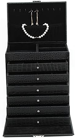 קופסאות תכשיטים קופסאות מארגן תכשיטים שחור פו עם 6 מגירות תליוני קיבולת גדולים מיכלי מלאכה מארזים