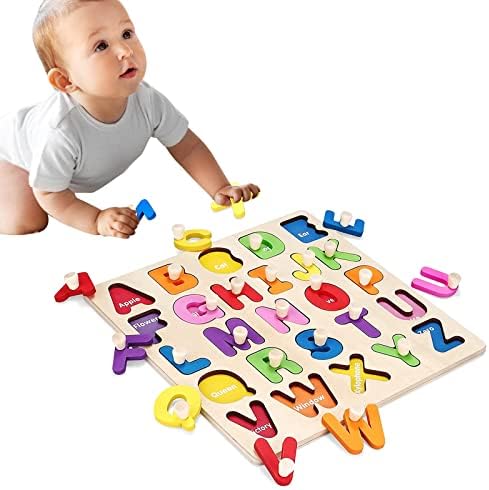 פאזל אלפבית מעץ לפעוטות ABC מכתבים פאזל לפעוטות 12+ חודשים בגיל הרך מונטסורי לגיל הרך צעצועים מכתבי מיון