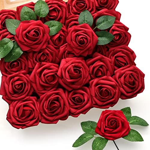 50 יחידות ורדים אדומים פרחים מלאכותיים, ורדים מזויפים אדומים כהים קצף אמיתי למראה עלה עם גבעולים בתפזורת עבור
