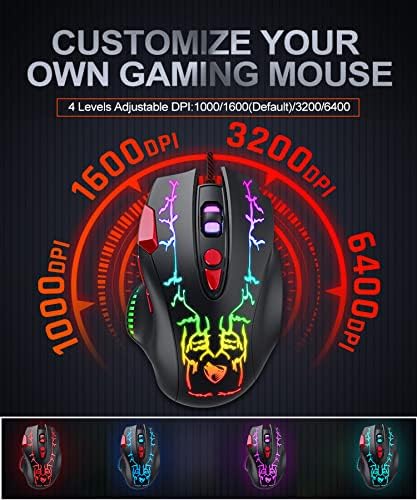 עכבר גיימינג קווי ברסו, עכבר מחשב אופטי, עד 6400 דפי, 8 כפתורים ניתנים לתכנות, 4 תאורה אחורית צבעונית, עכבר ארגונומי