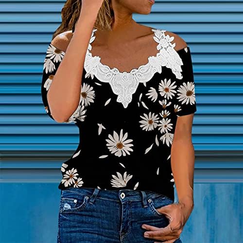 חולצת טי אופנה לנשים כתף קרה סרוגה תחרה צמרות פרפרים צבעוניים חולצות הדפס 2023 חולצות קיץ