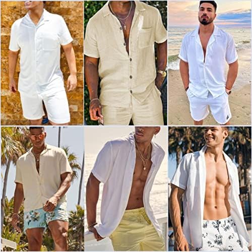 גברים של פשתן סטי תלבושות 2 חתיכה אופנה קצר שרוול כפתור למטה מכנסיים סטי תלבושות קיץ בגדי חוף תלבושות