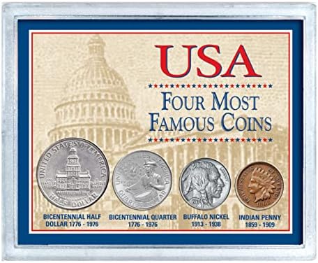 ארהב ארבעה מטבעות מפורסמים ביותר, סט מטבעות מקורי, ניקל באפלו, ראש ההודי סנט סנט, חצי דולר וחצי רבע, תעודת האותנטיות